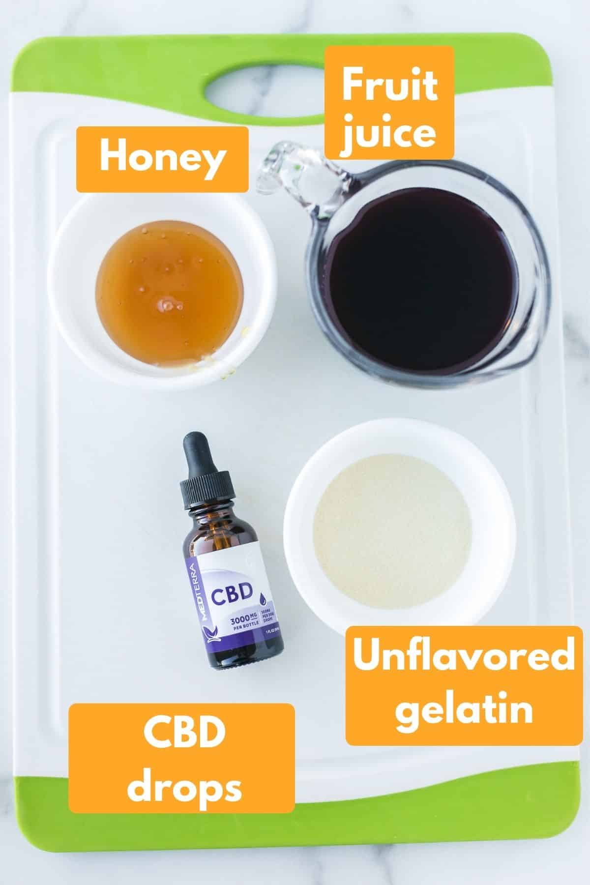 labeled photo with ingredients for homemade CBD gummies