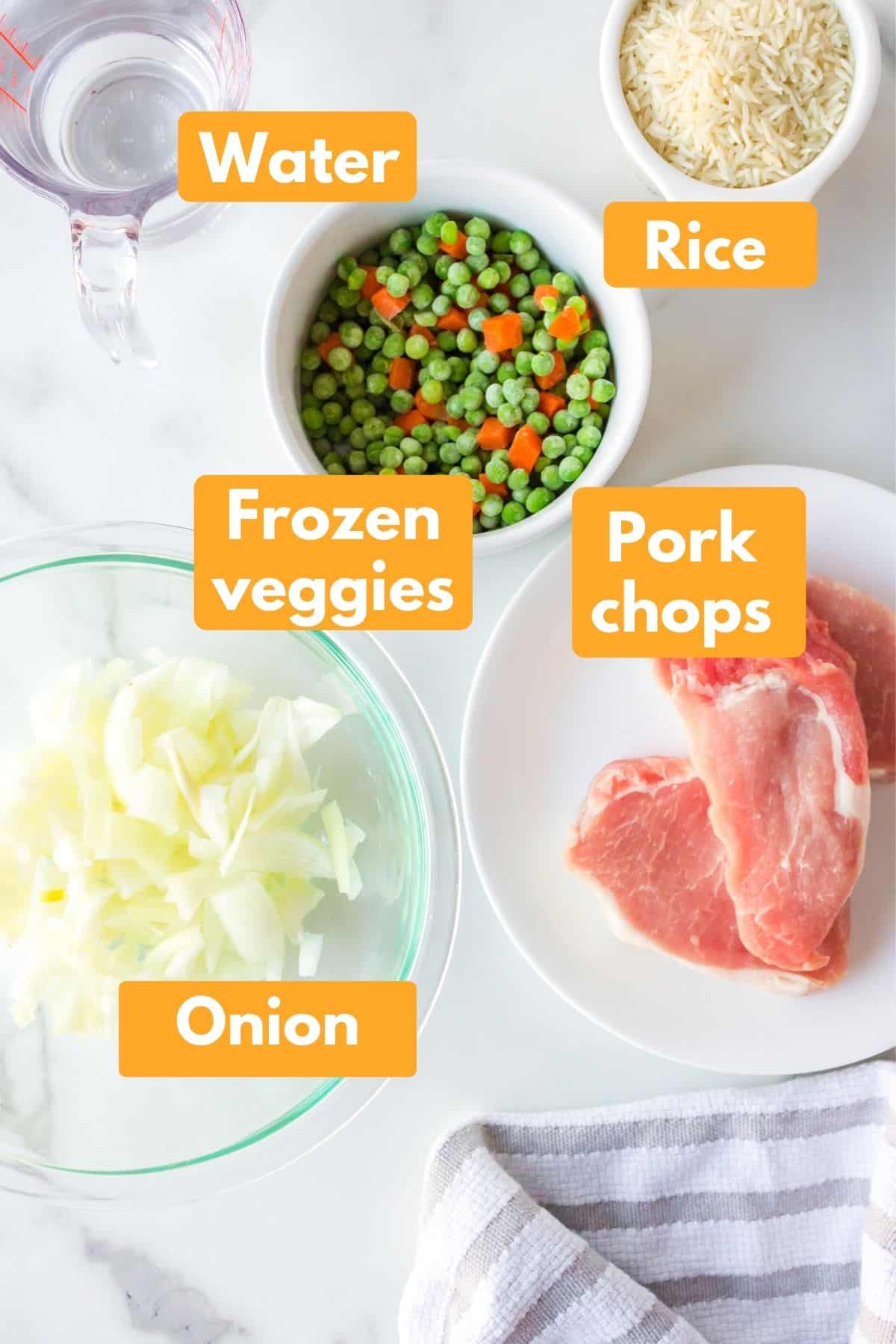 photo with labeled ingredients for instant pot pork chops and rice recipe.