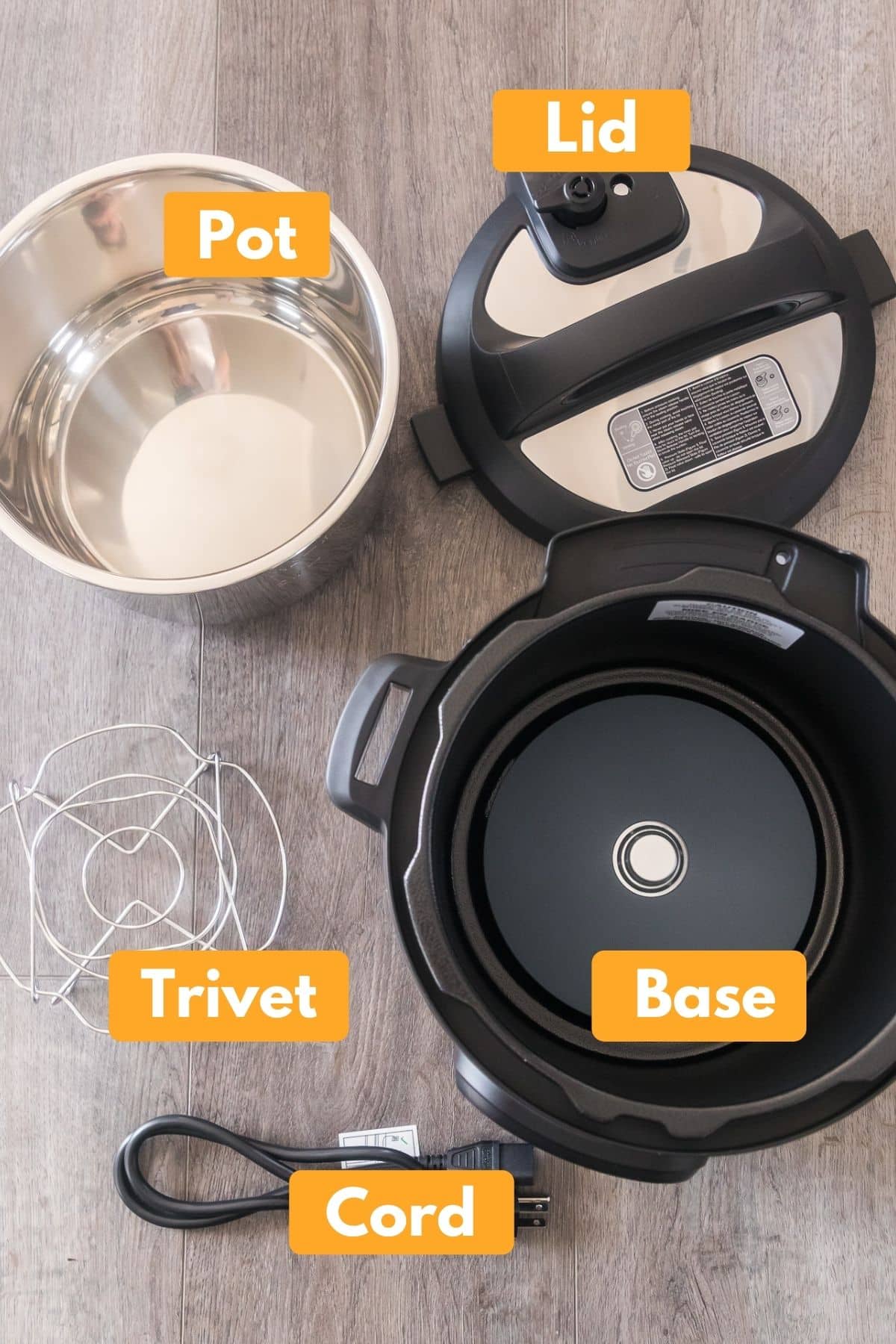 photo with labeled ingredients for parts of the instant pot duo