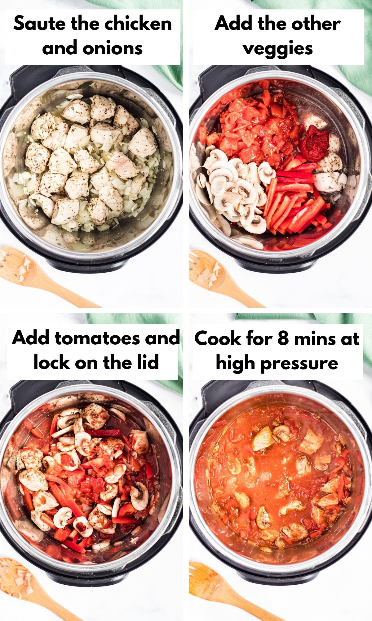 process photos for making chicken cacciatore in instant pot.