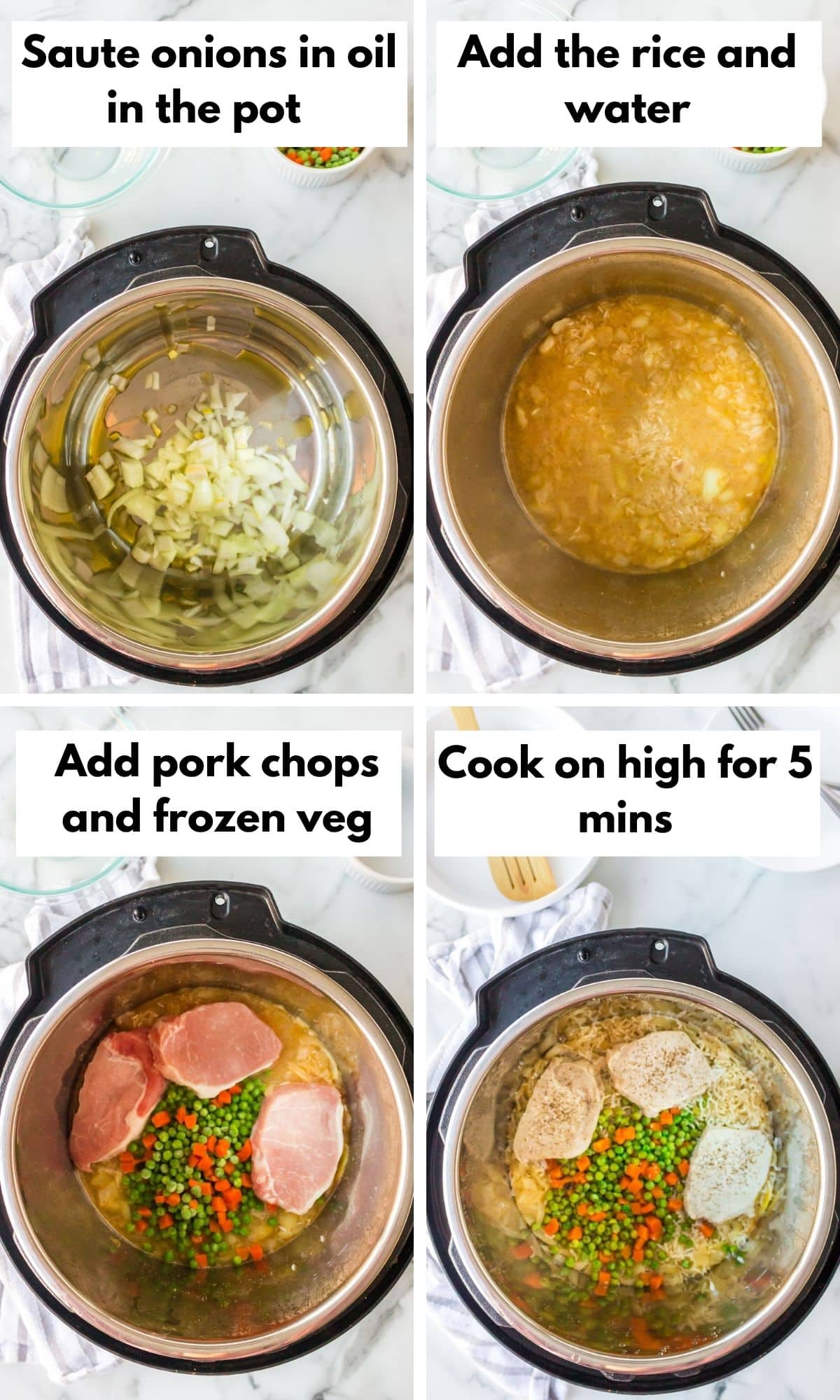 process shots for instant pot pork chops and rice recipe.