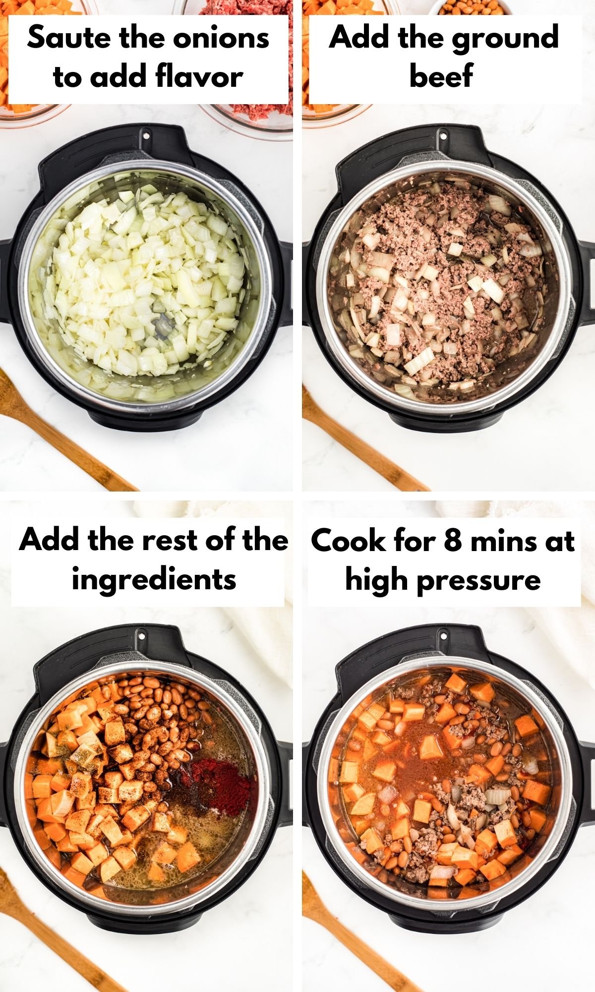 process photos for instant pot sweet potato beef chili.