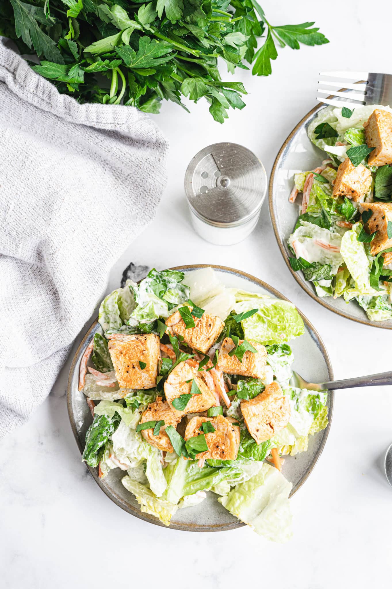 Two plates of paleo and healthy buffalo chicken salad