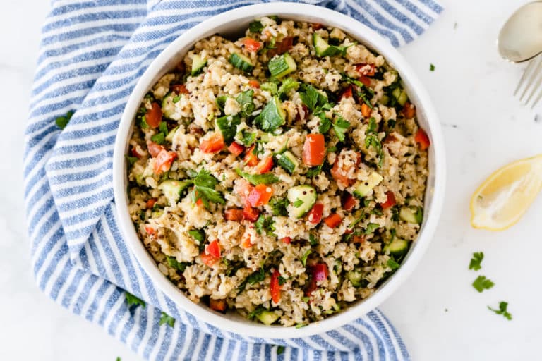 bowl of costco quinoa salad on a linen.