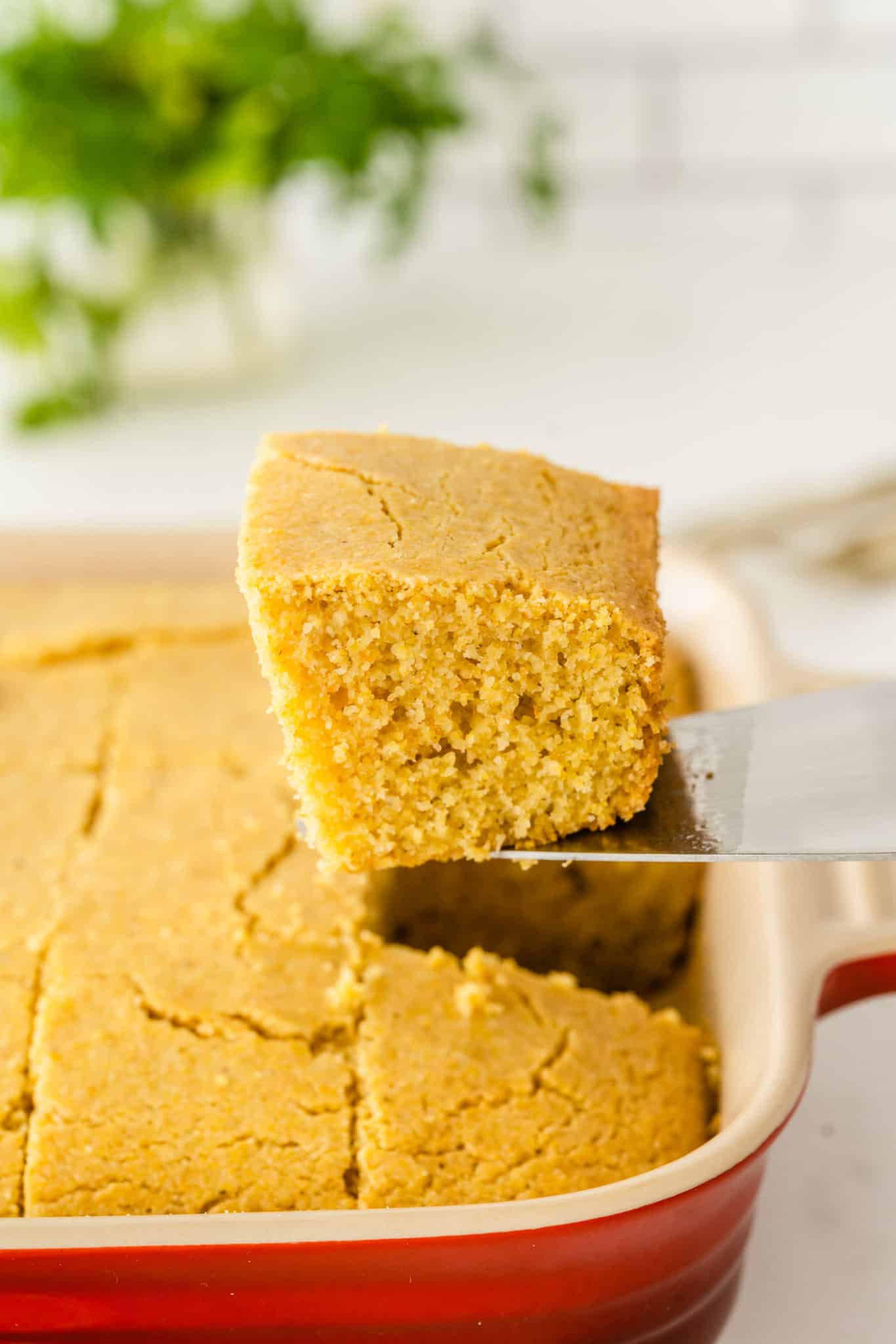 A spatula holding a piece of gluten free cornbread above the pan.