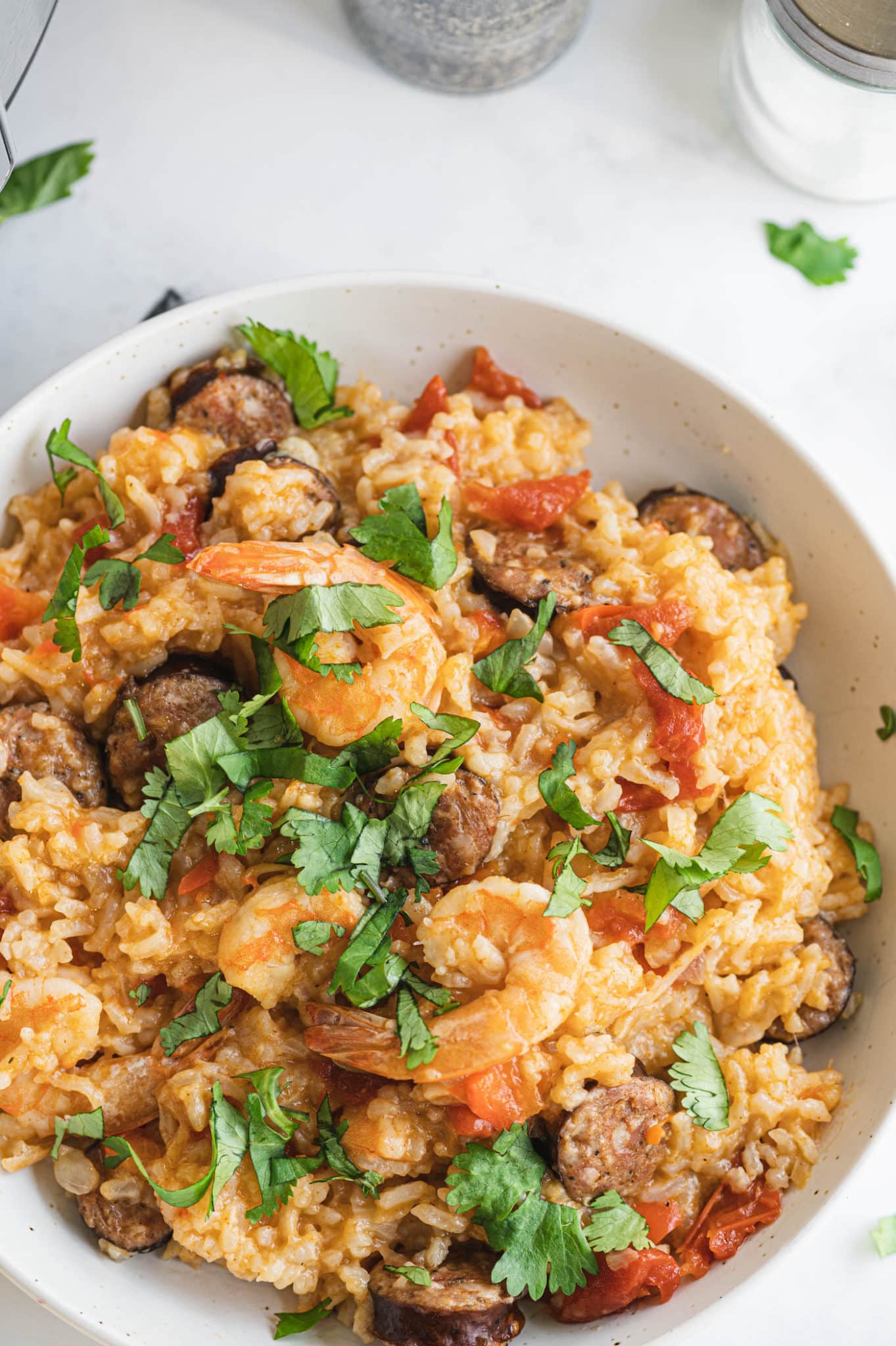 bowl of cooked instant pot jambalaya with shrimp.