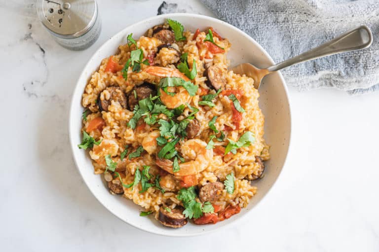 A bowl of jambalaya with shrimp