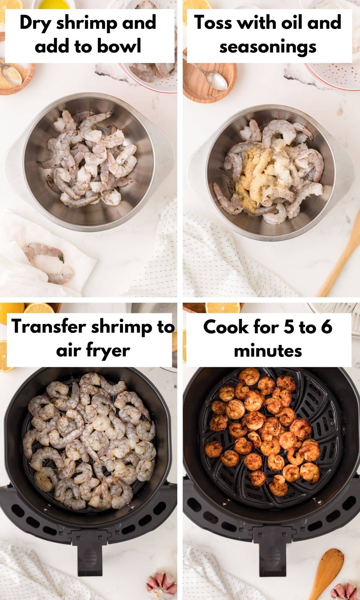 Pictures showing how to cook shrimp in air fryer.