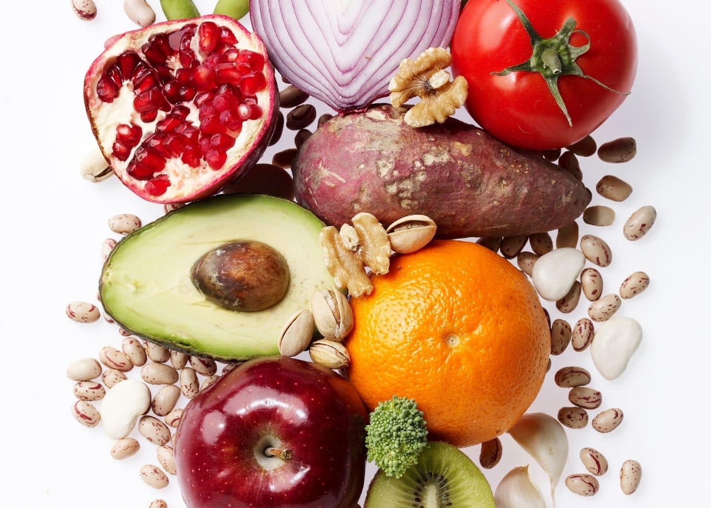 healthy foods on a white tabletop.