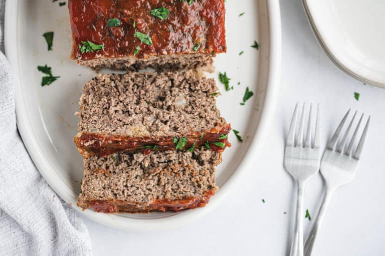 Slices of meatloaf on a platter