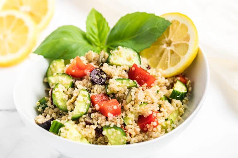 A bowl of Mediterranean quinoa salad