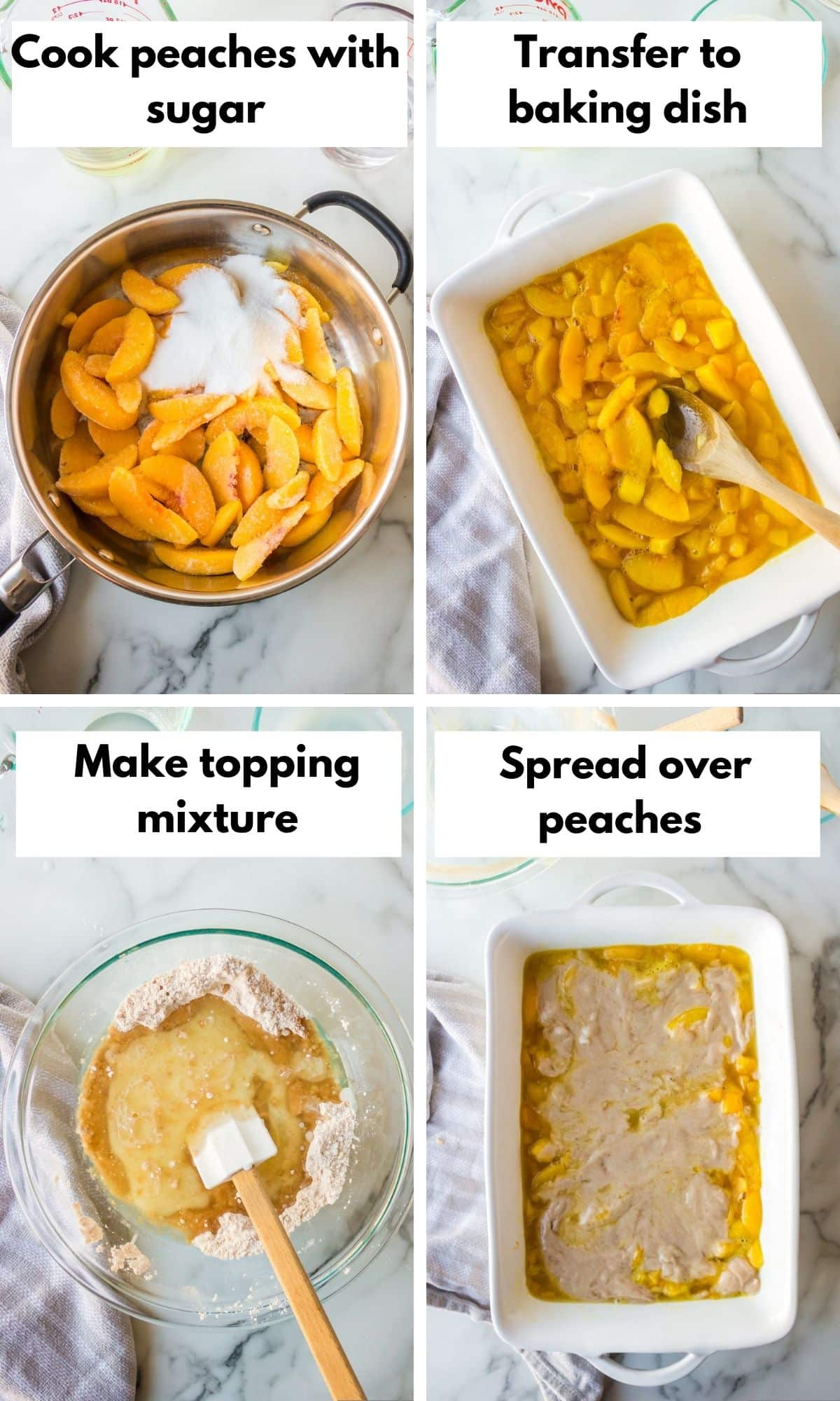 Peaches and sugar in a saucepan next to the peaches in a baking dish. Mixing up the batter in a bowl next to the cobbler ready to bake. 