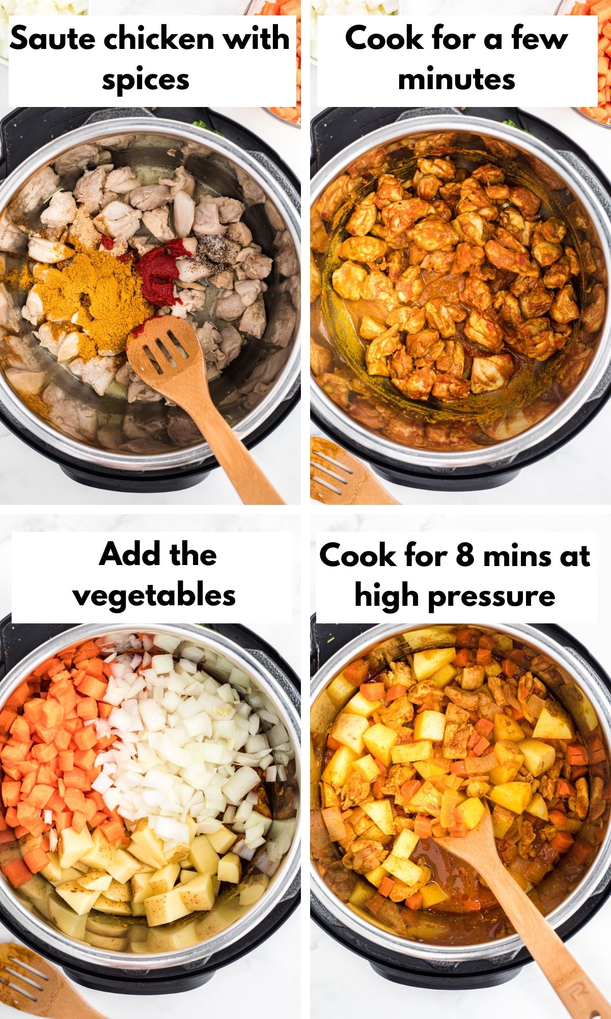 process photos for instant pot chicken curry with carrots and potatoes.