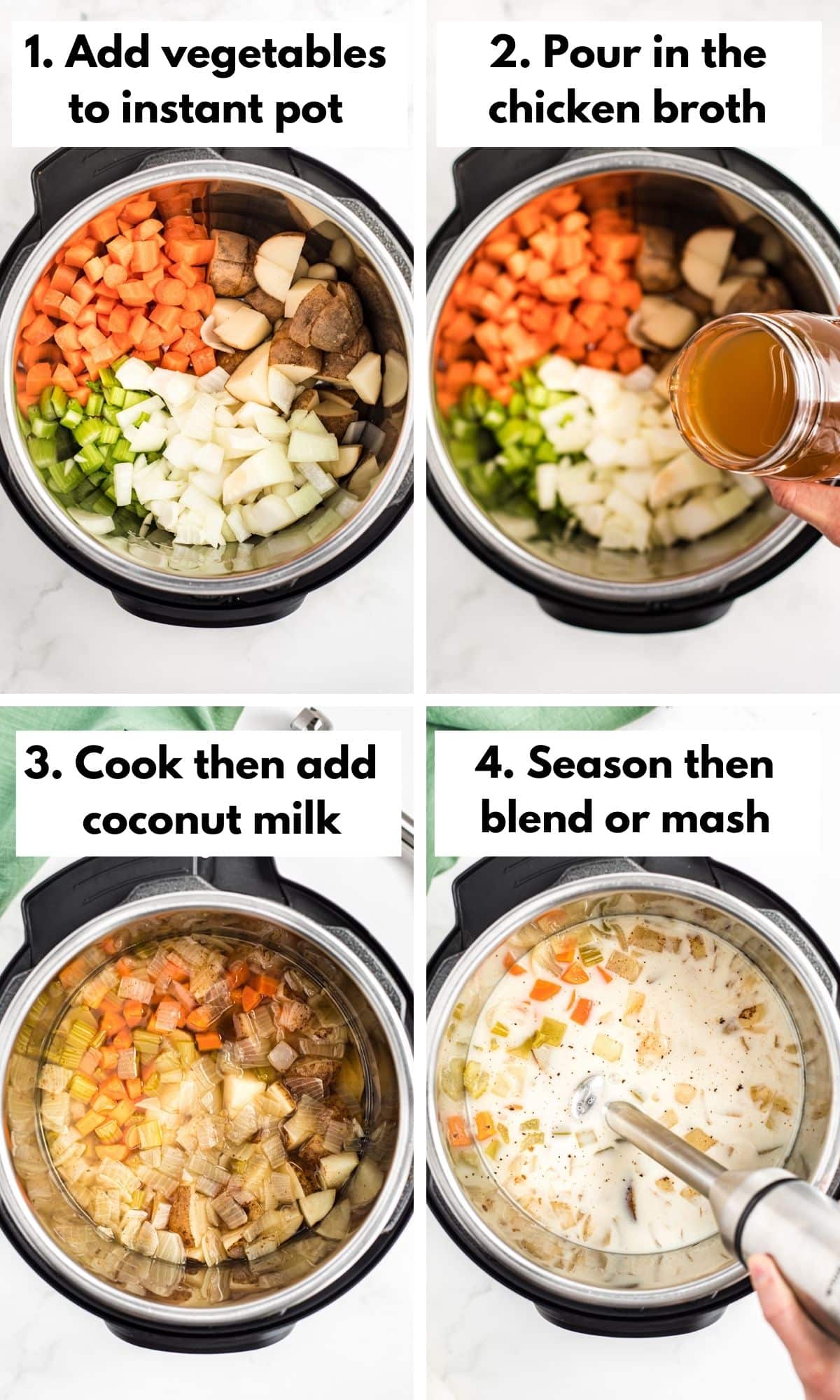 Process shots showing how to make dairy-free potato soup.