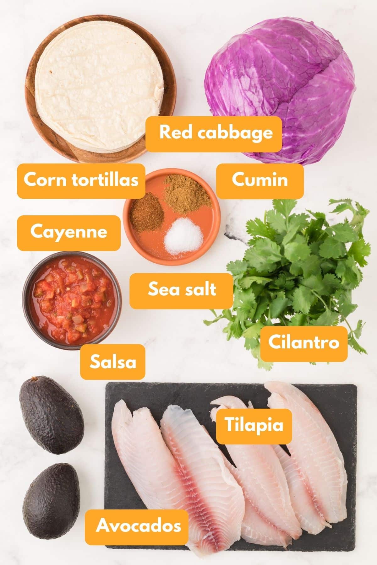 Ingredients for air fryer fish tacos.