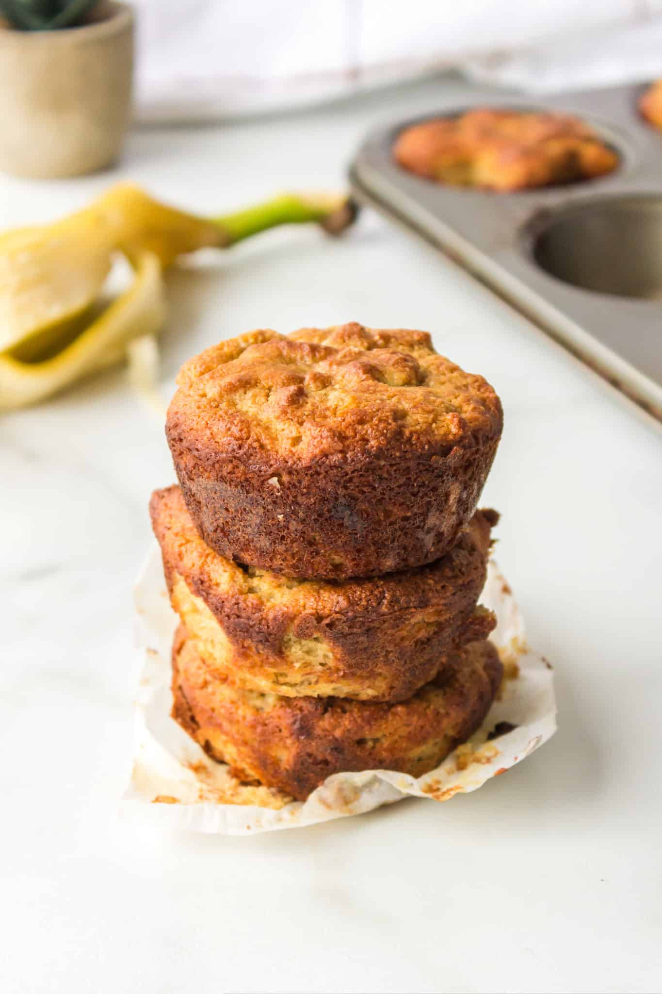 A stack of almond flour banana muffins