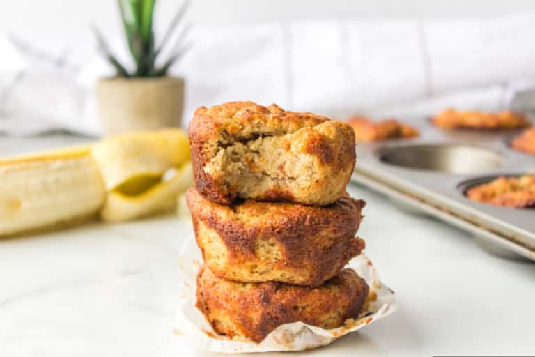 a stack of almond flour banana muffins