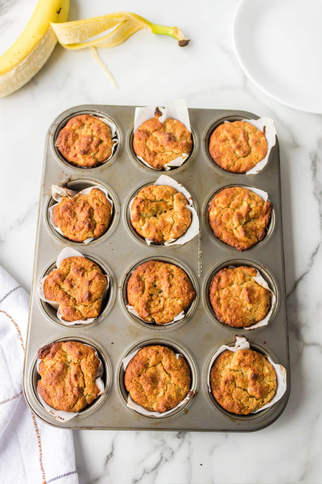 Almond Flour Banana muffins baked in a tin.