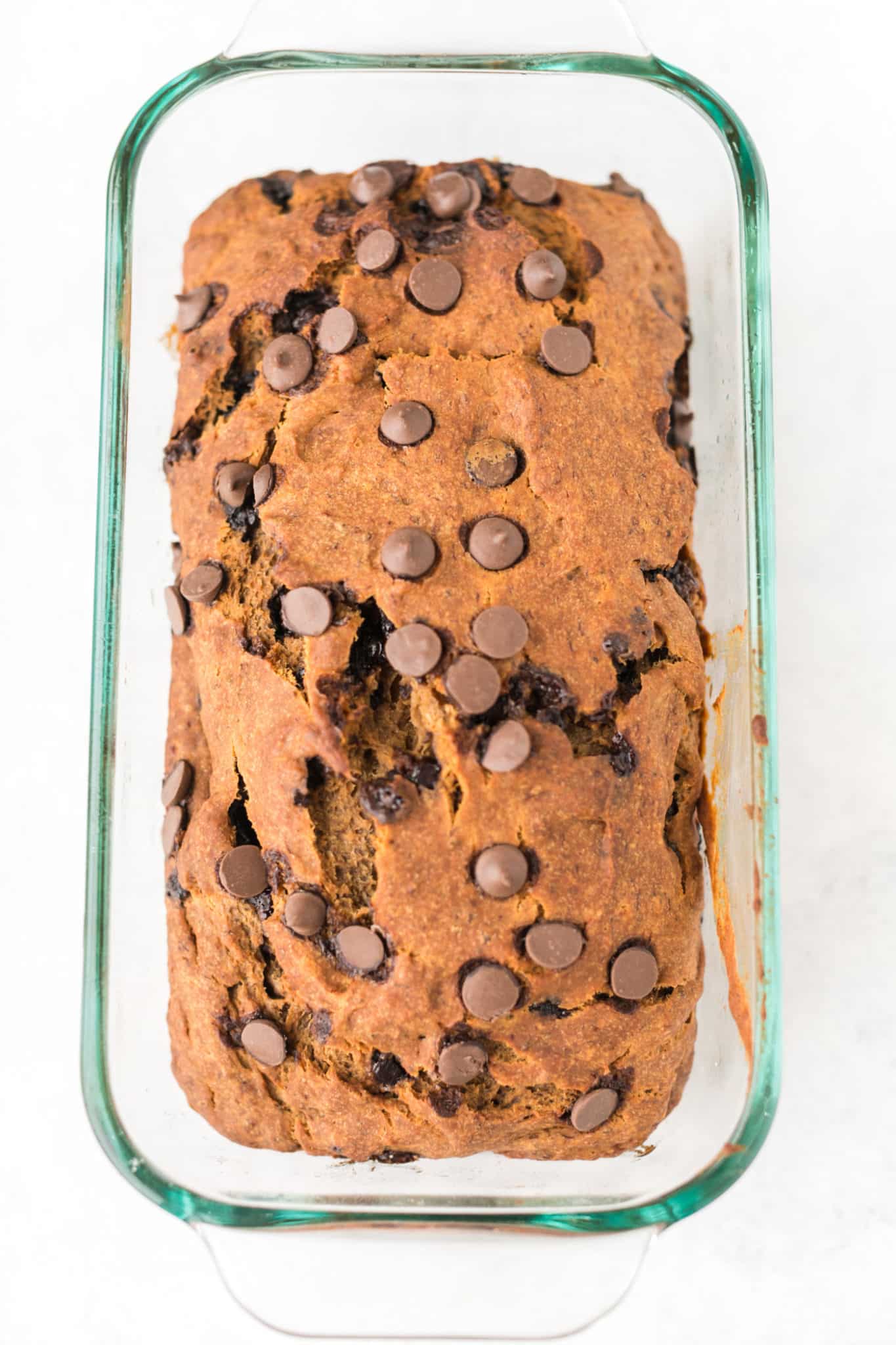 baked dairy-free banana bread in pan.