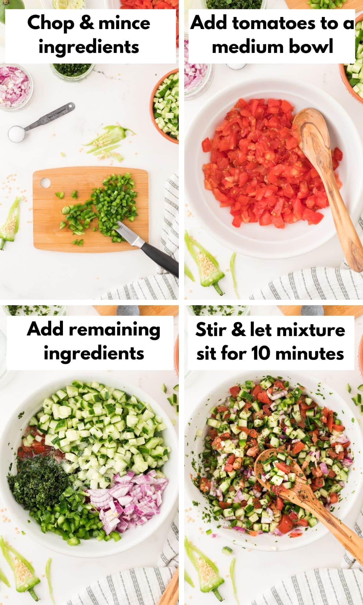 process photos in a collage for how to make cucumber salsa