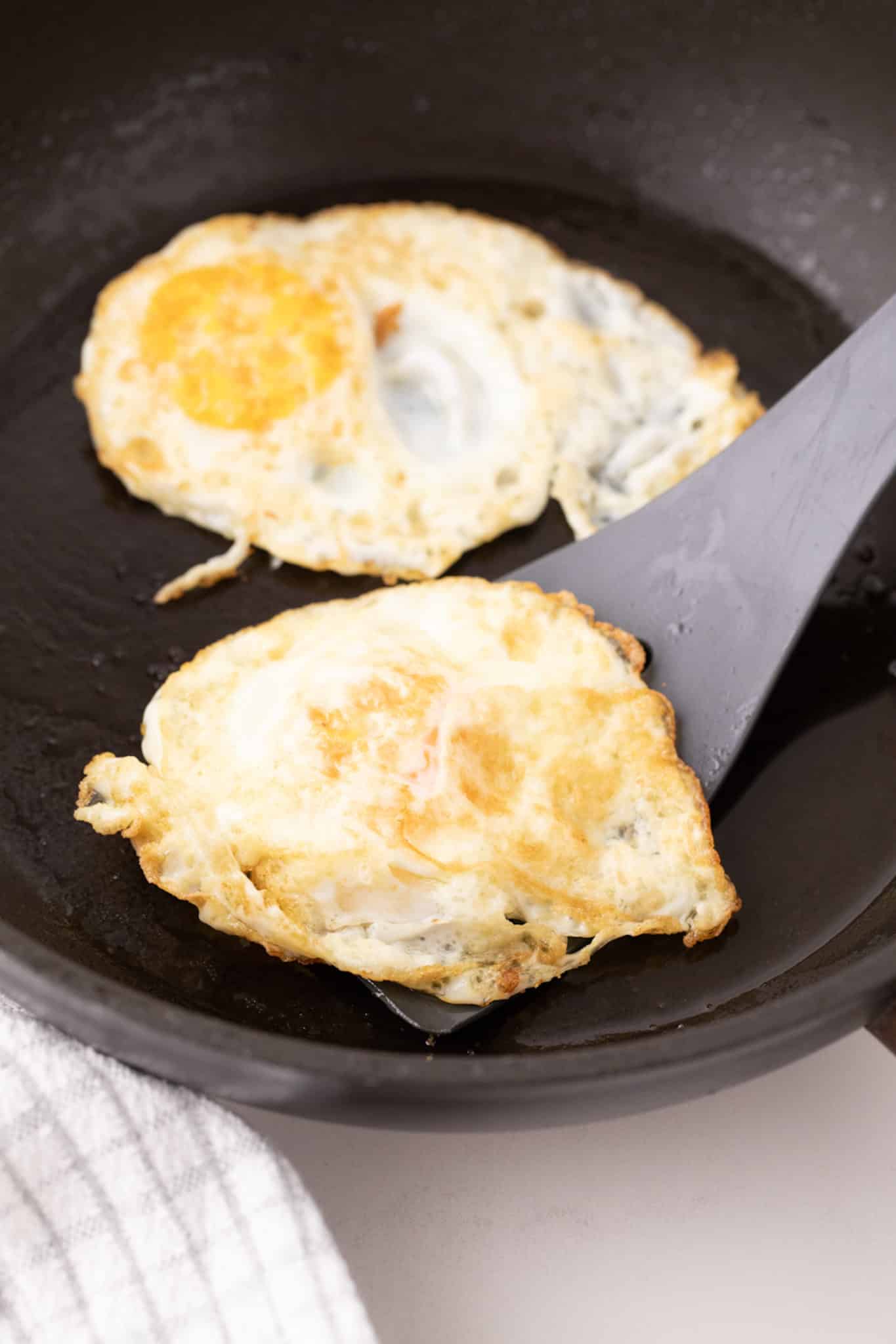 over medium egg cooked in a skillet.