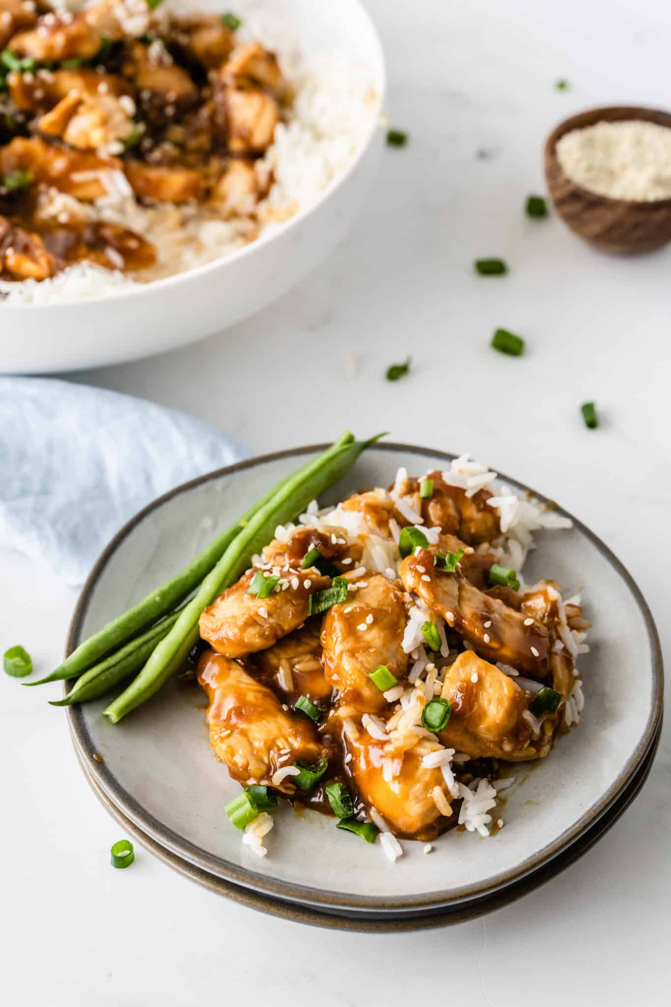 Gluten-free teriyaki chicken with rice served with green beans