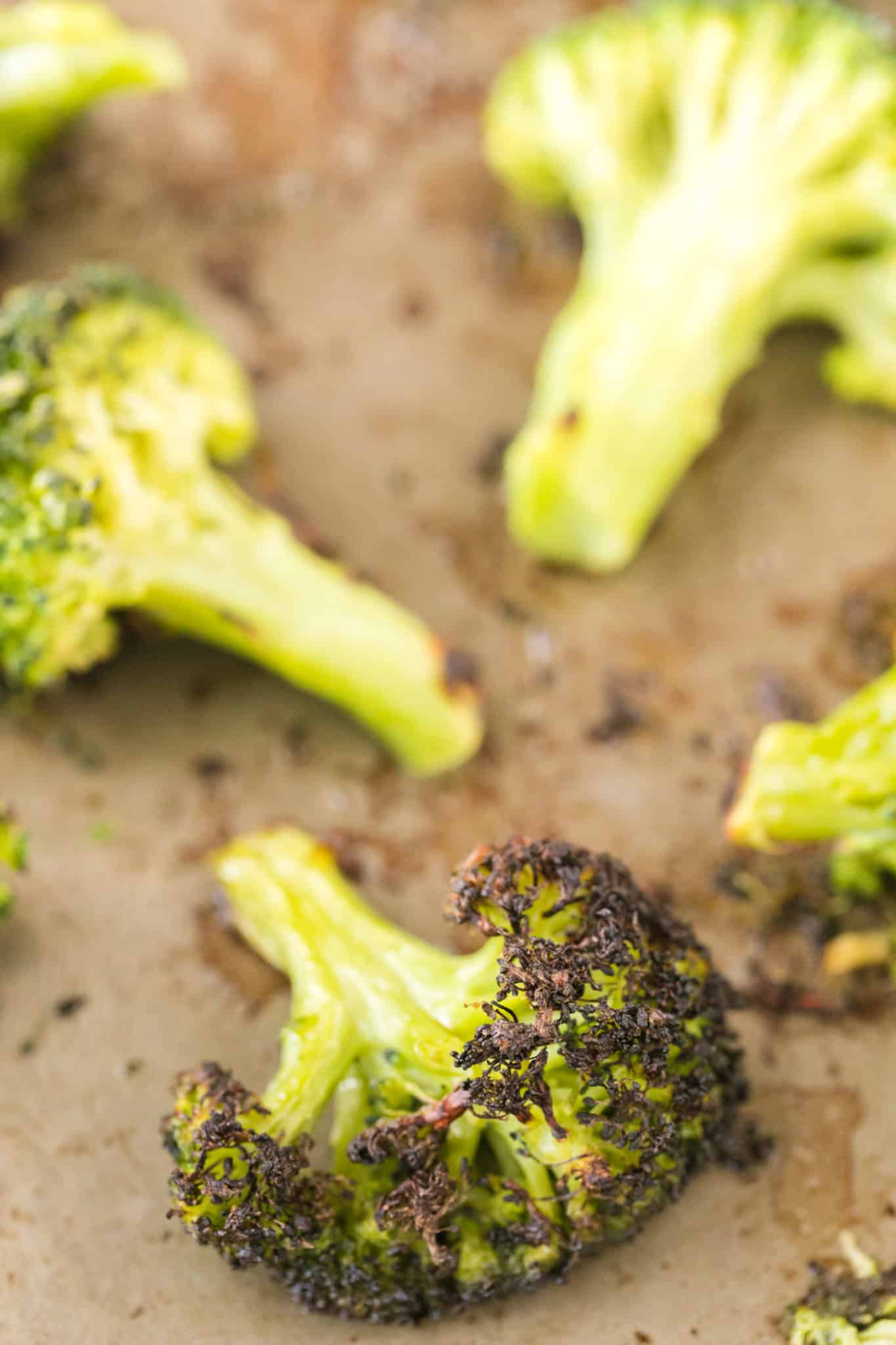 roasted broccoli floret cooked from frozen on a baking sheet