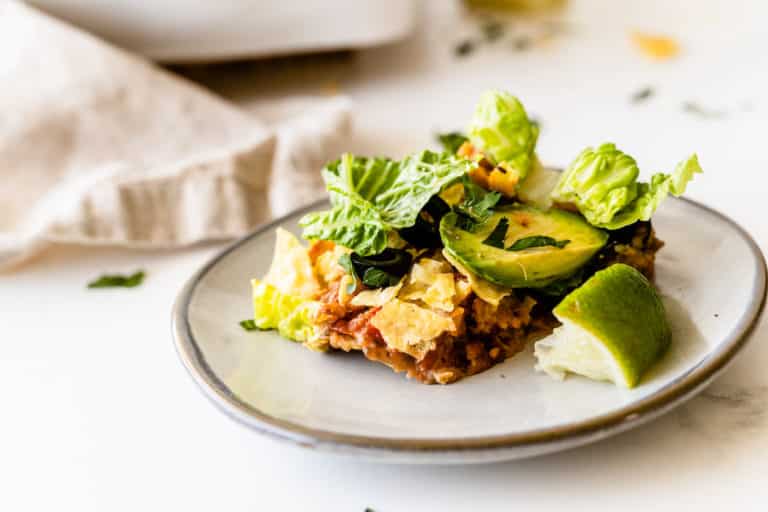 A plate of vegan and dairy-free Mexican casserole