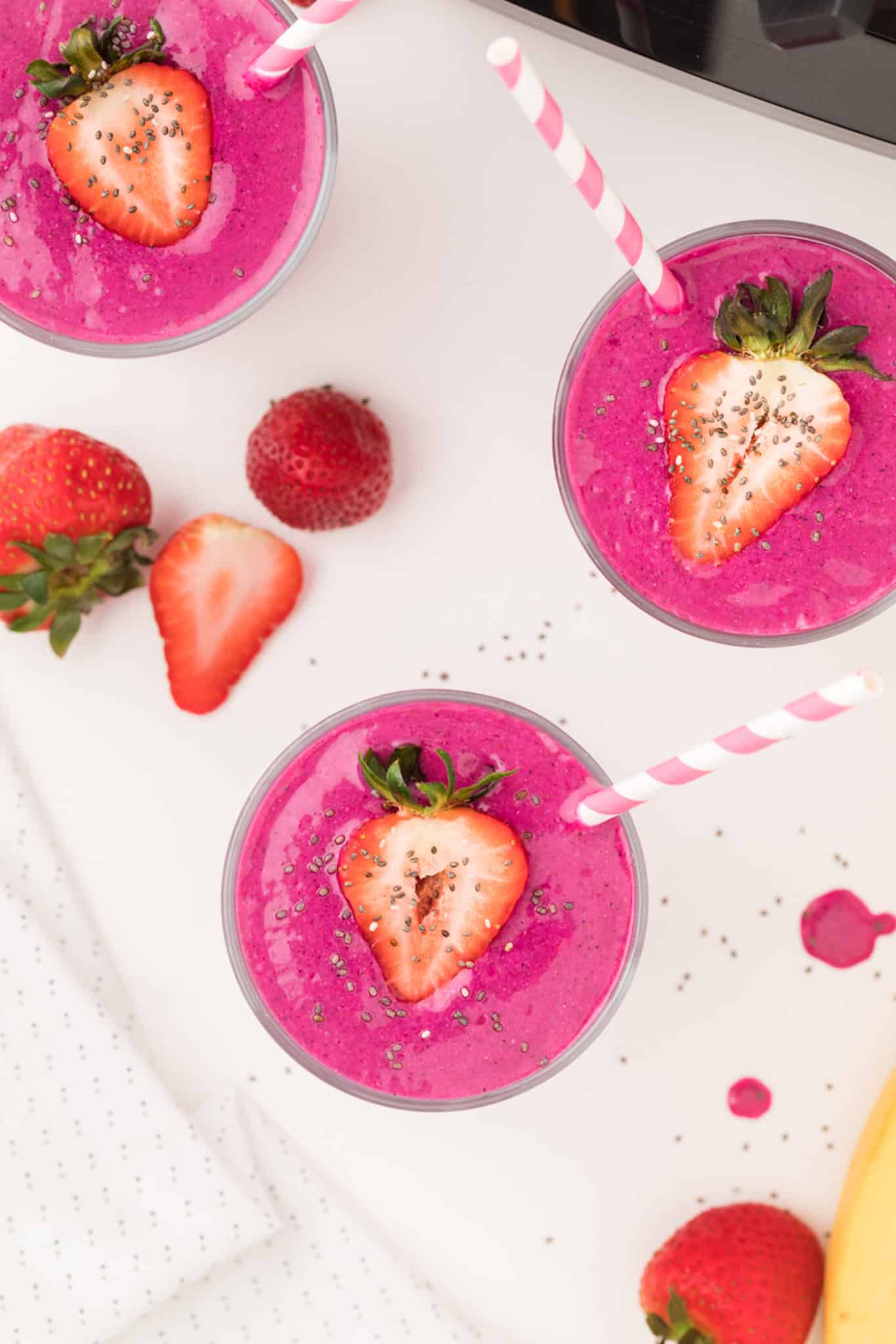 dragon fruit smoothie on countertop.