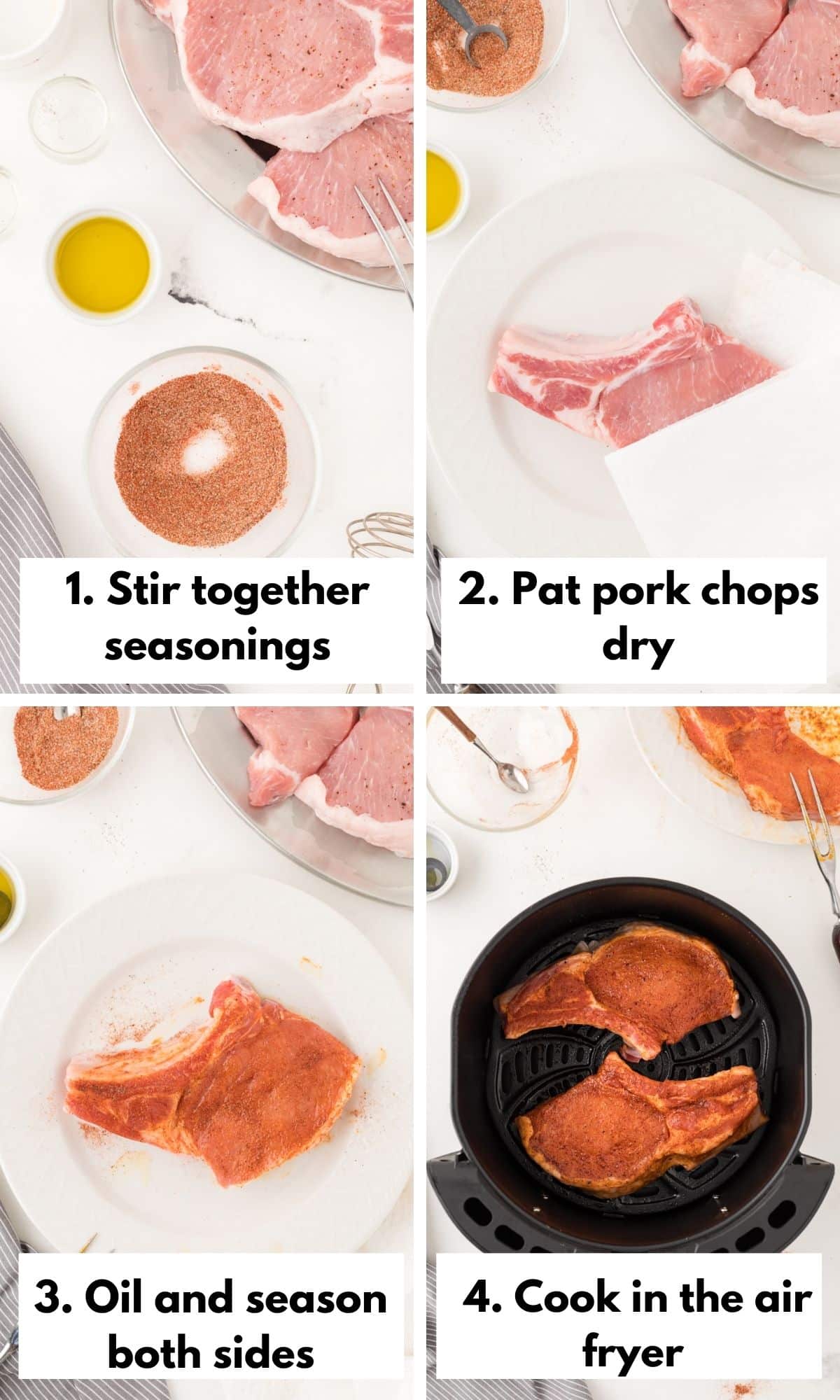 collage with four photos showing the steps to making pork chops.