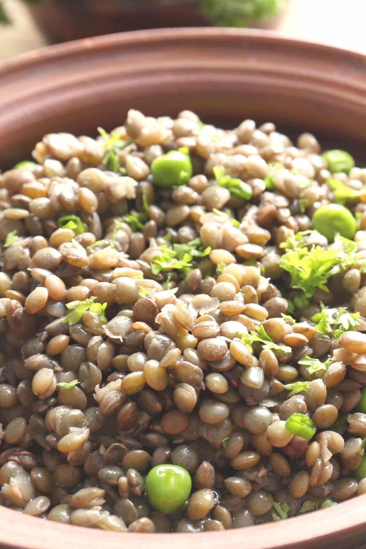 cooked lentils served with peas and spices