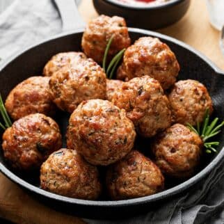 dairy free meatballs served in skillet.