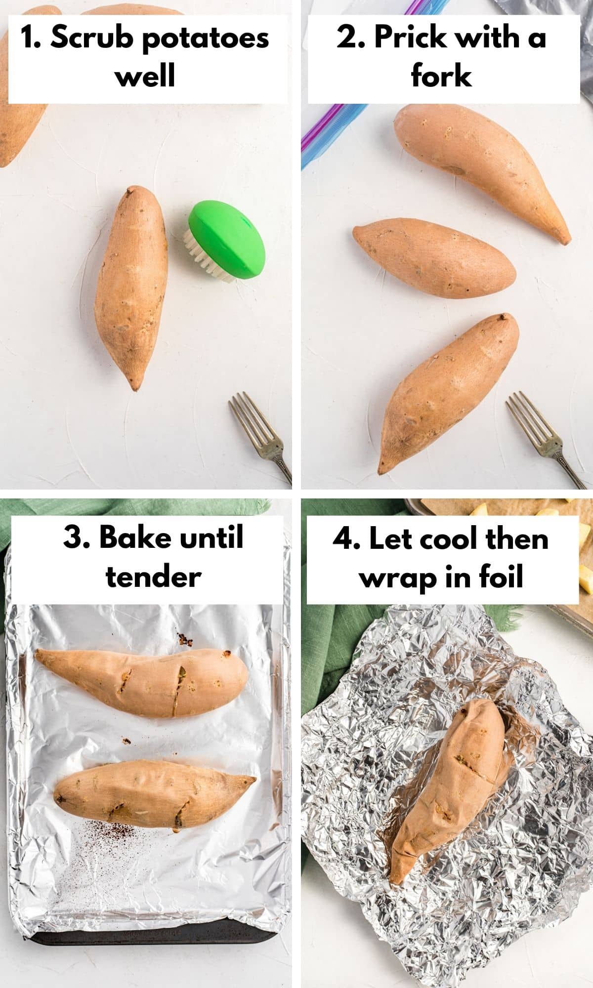 collage with process photos for how to freeze a whole baked sweet potato
