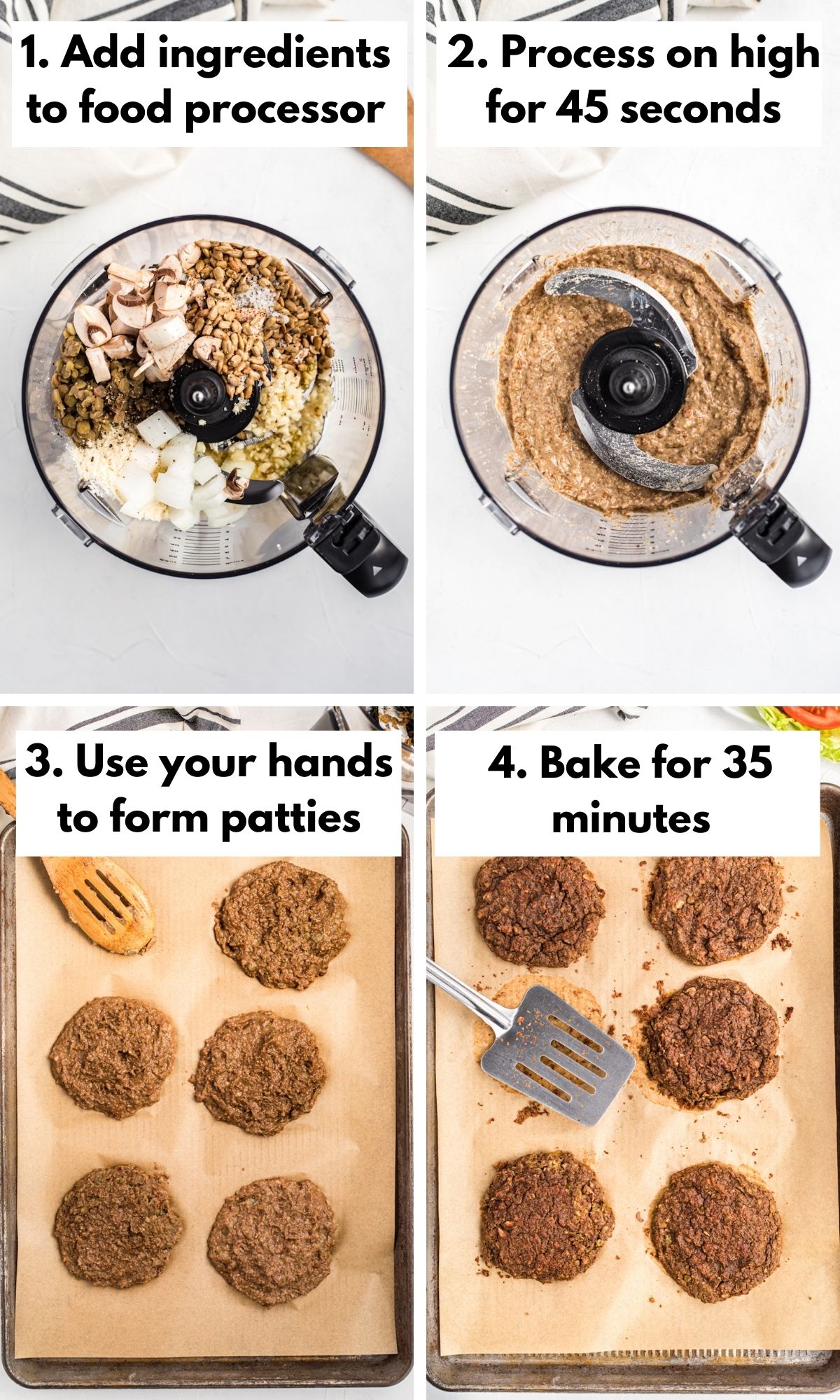 collage with four photos on how to make lentil burgers
