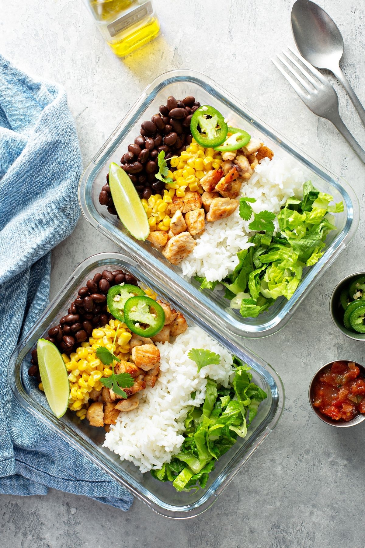 Meal prep for chicken, beans, and rice.