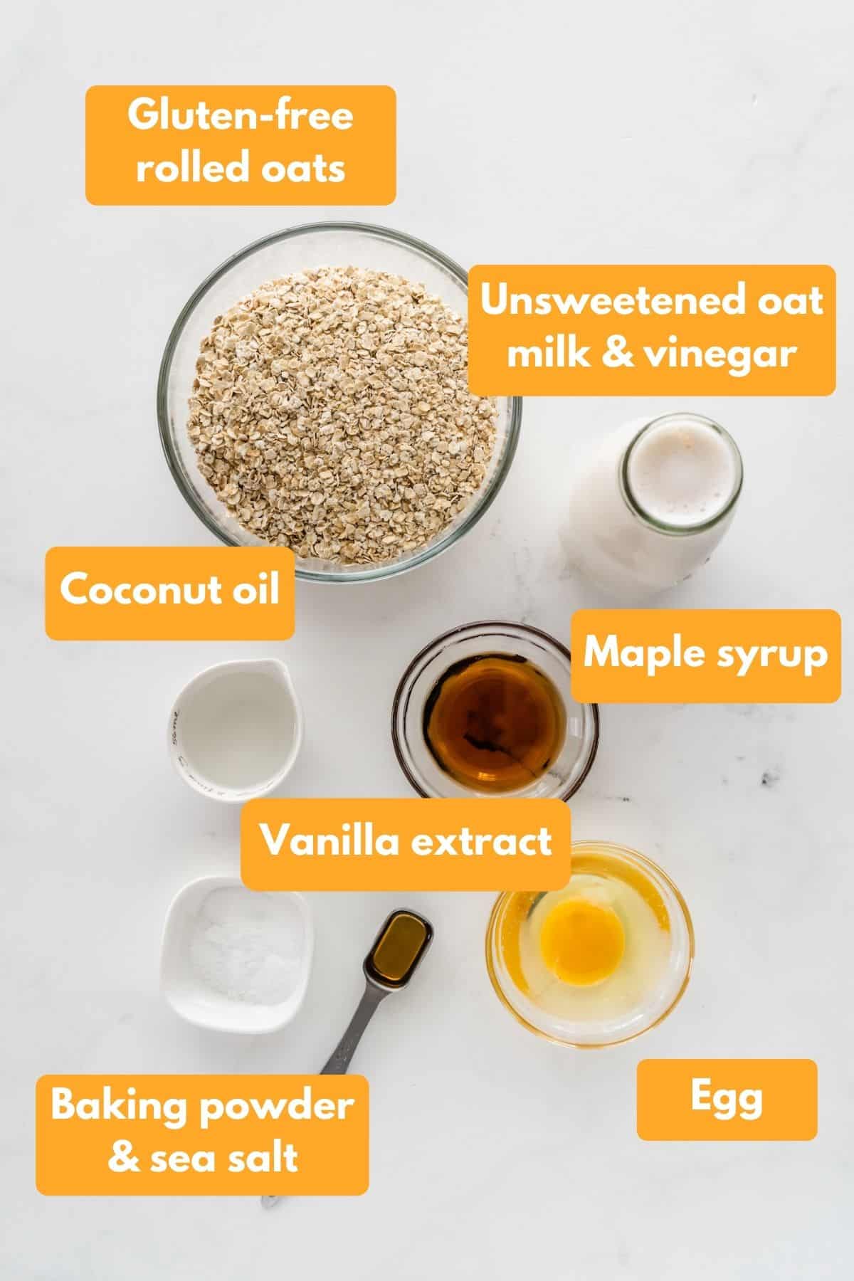 photo with labeled ingredients for oat milk pancakes