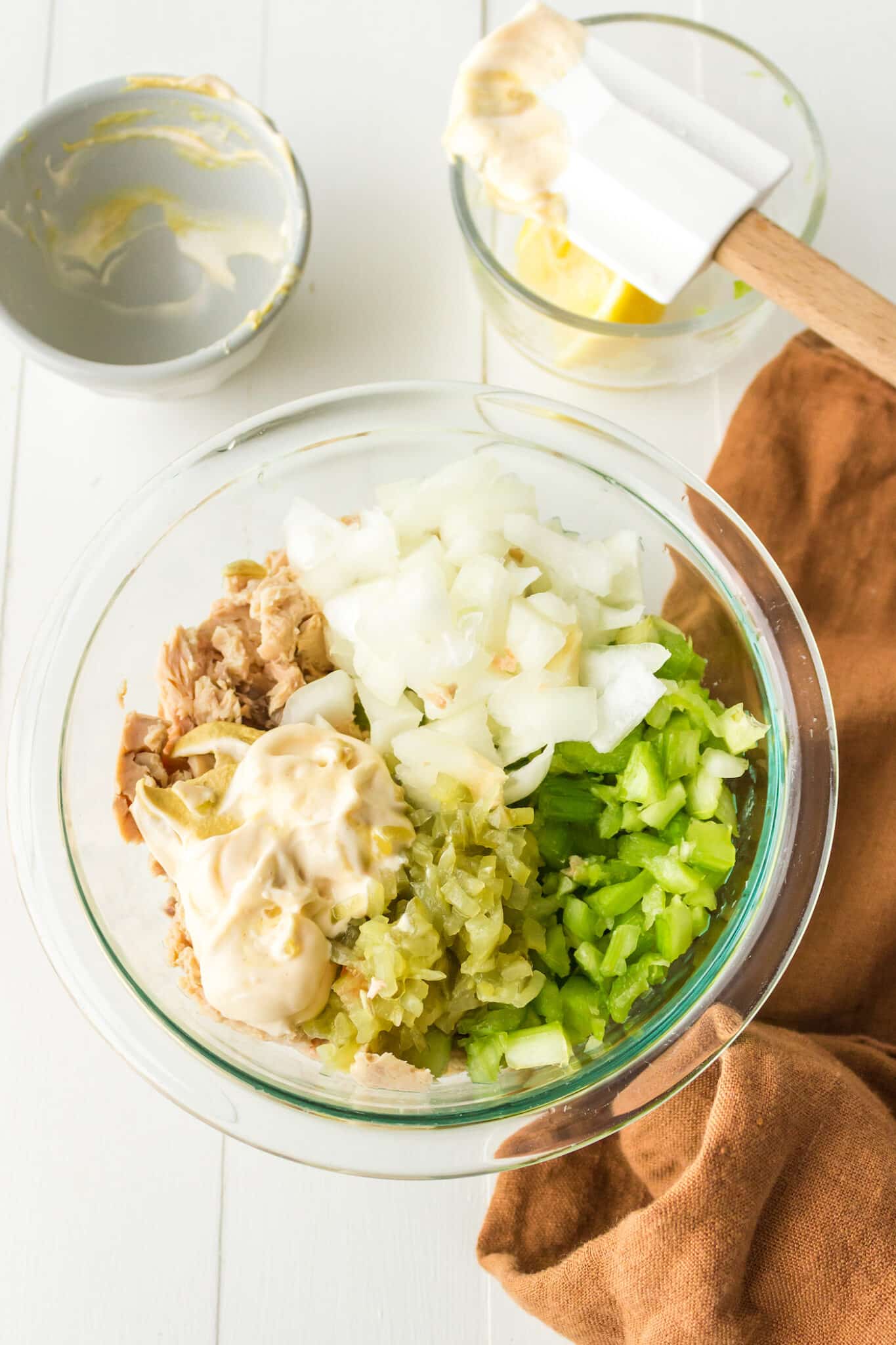 ingredients for salmon salad in bowl.