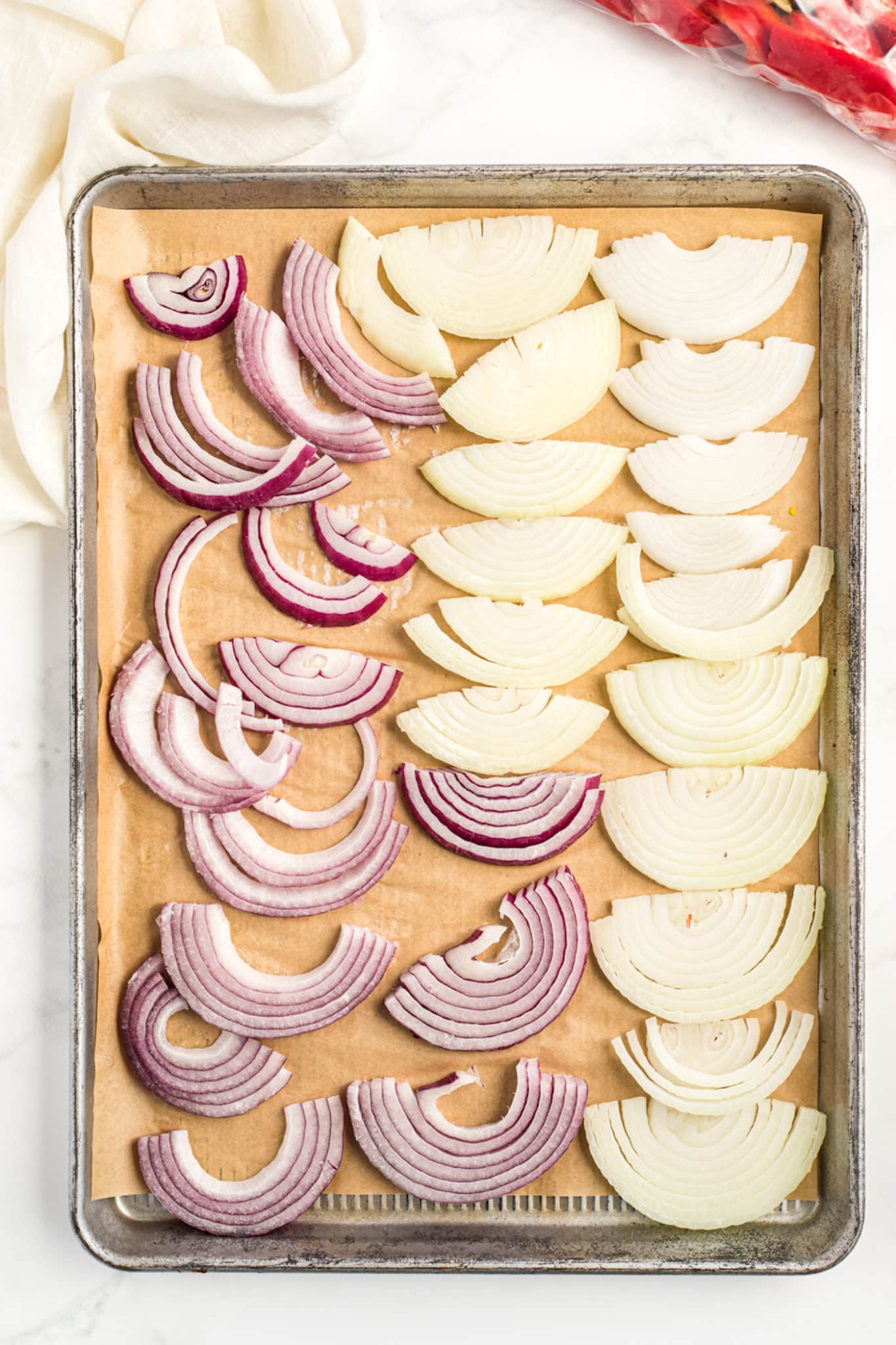 Sliced onions ready to freeze