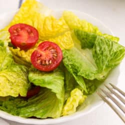 romaine salad on a white plate with a fork