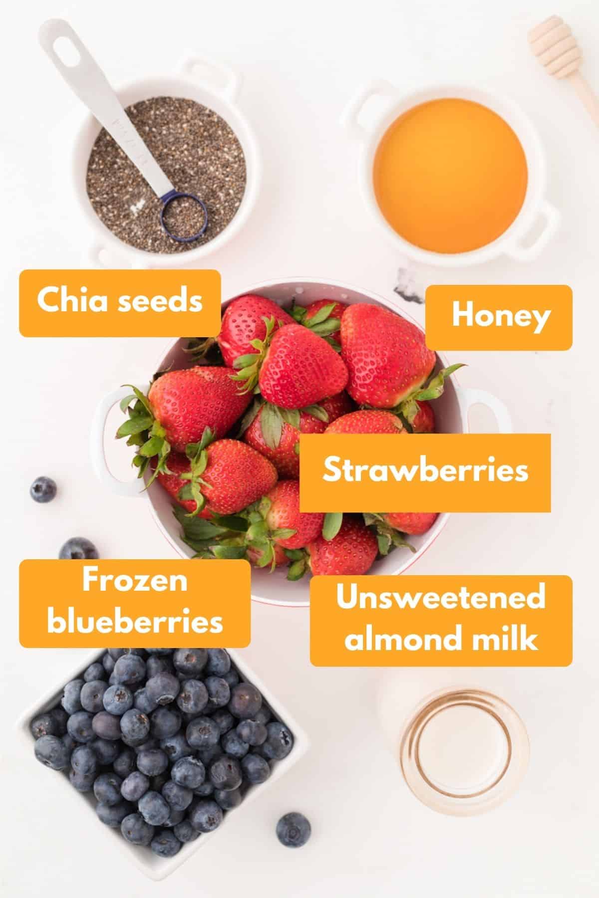 Ingredients for strawberry blueberry smoothie.