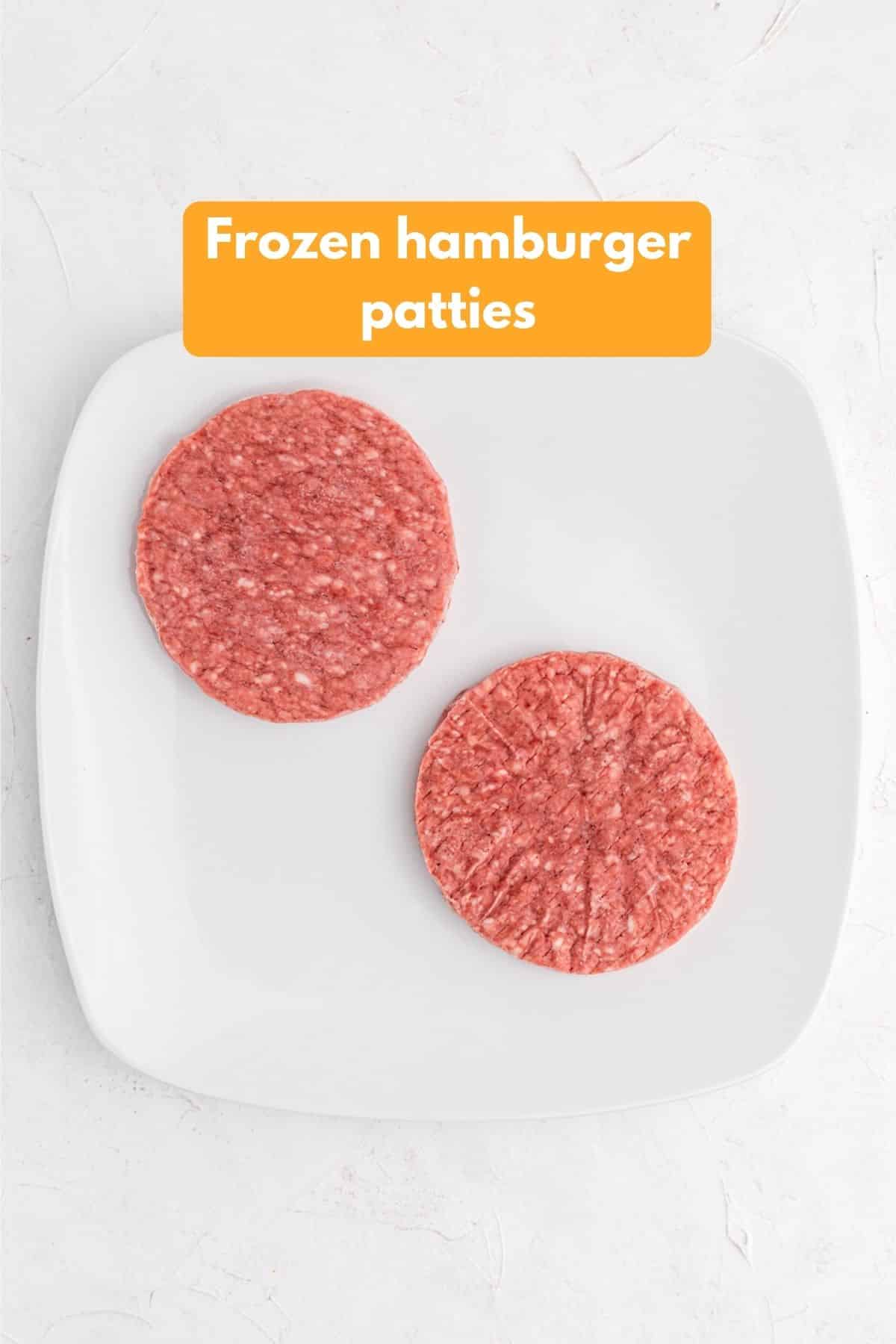 frozen hamburger patties on a platter ready for air fryer.