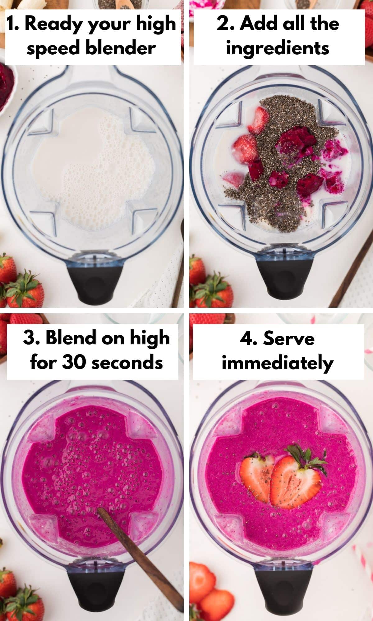 collage with photos on how to make a dragon fruit smoothie.