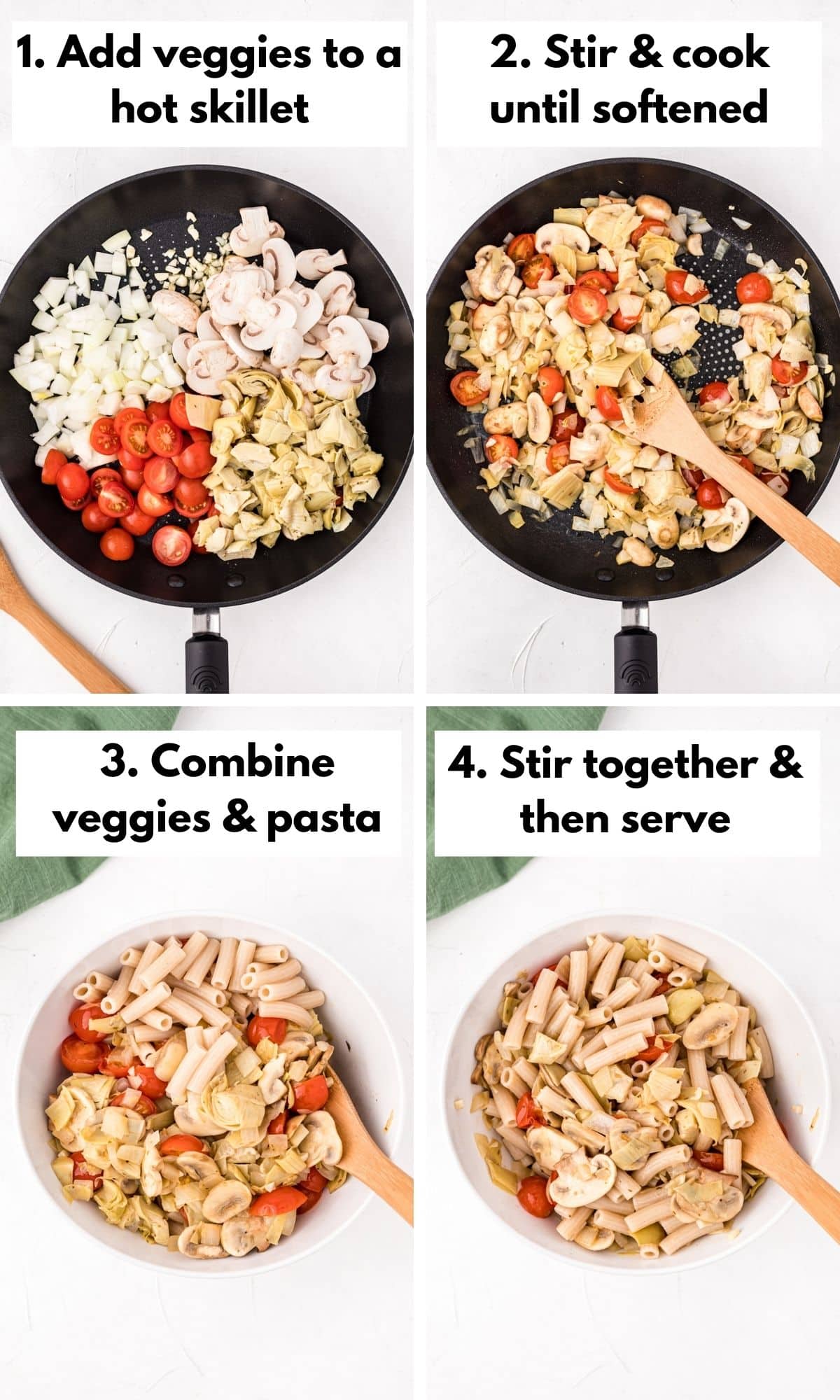 photo with process shots on how to make pasta with veggies