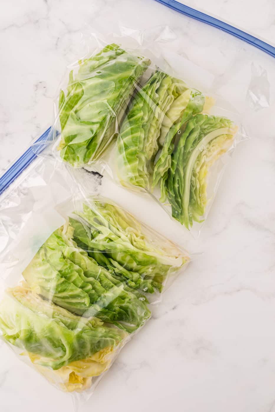 sliced cabbage that has been frozen in zip-top bags.