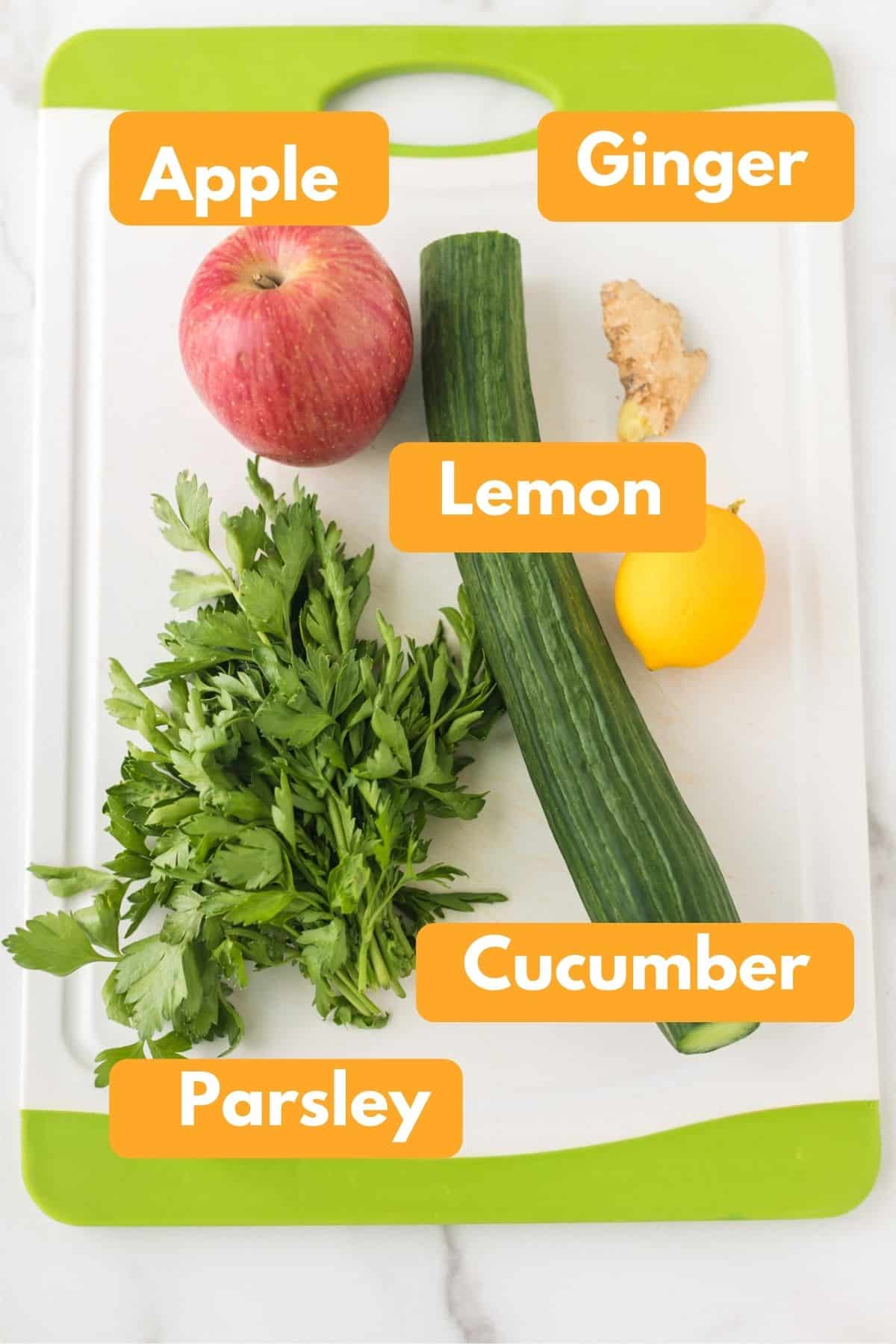 labeled photo with ingredients for parsley juice