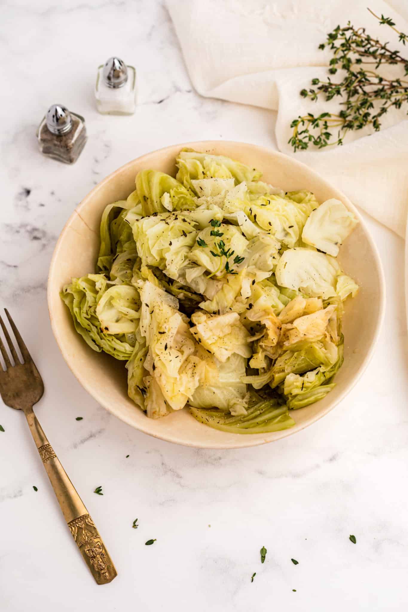 A bowl of cooked cabbage made in the instant pot.