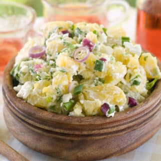 eggless potato salad served in bowl.