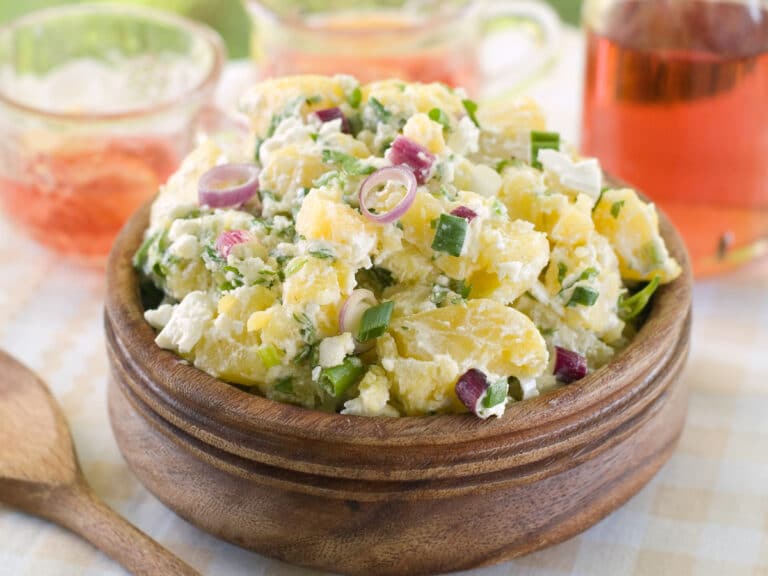 eggless potato salad served in bowl.