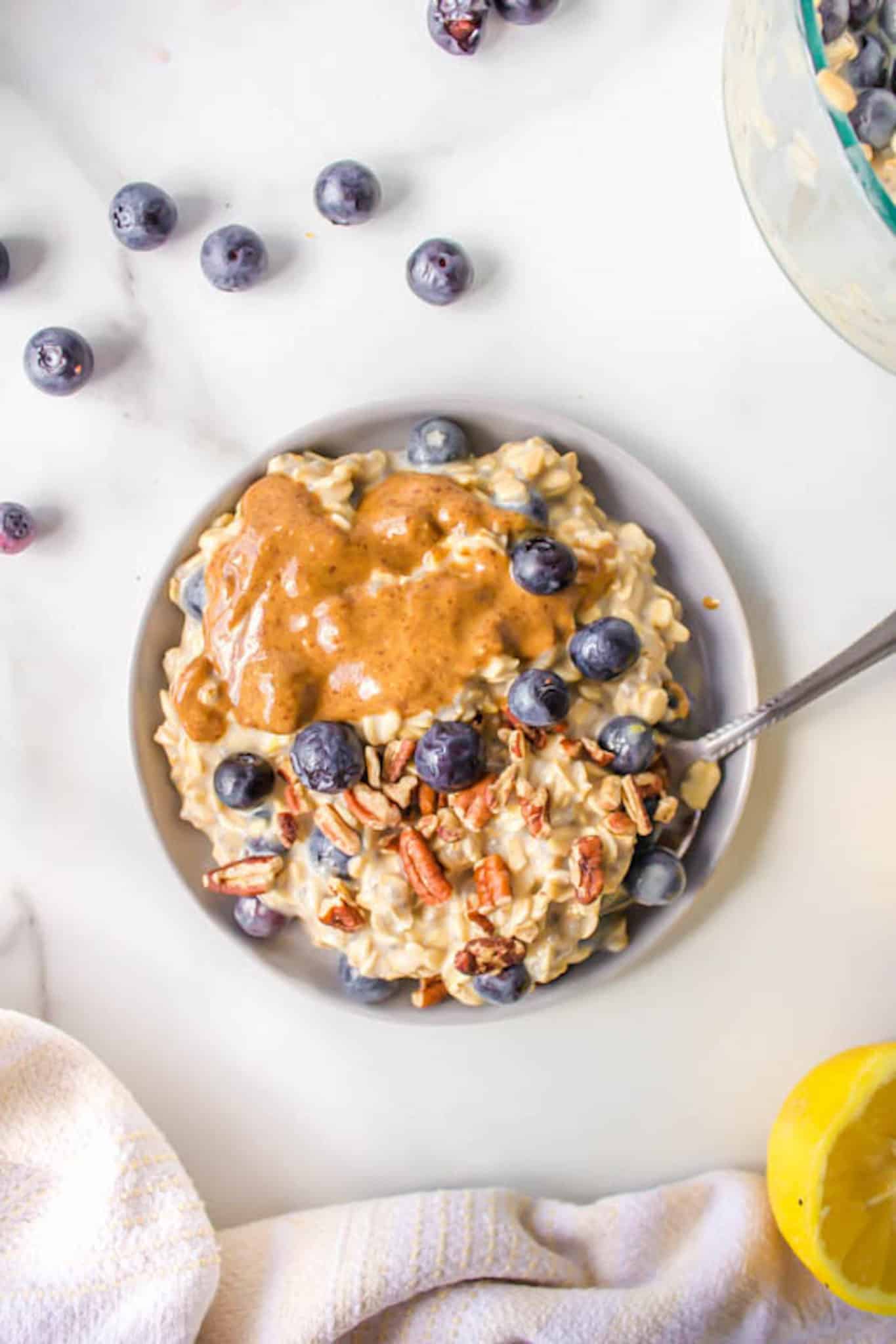 overnight protein oats with blueberries.