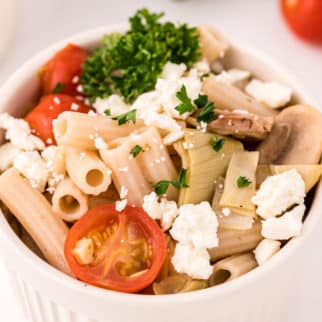 gluten-free vegetable pasta salad with cheese.